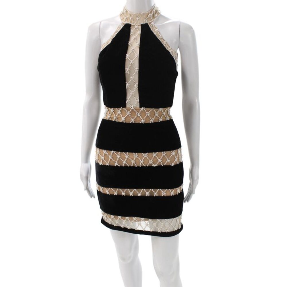 PatBO Women Beige Velvet Halter Bodycon Dress Knee Length Sleeveless Zip Size 2